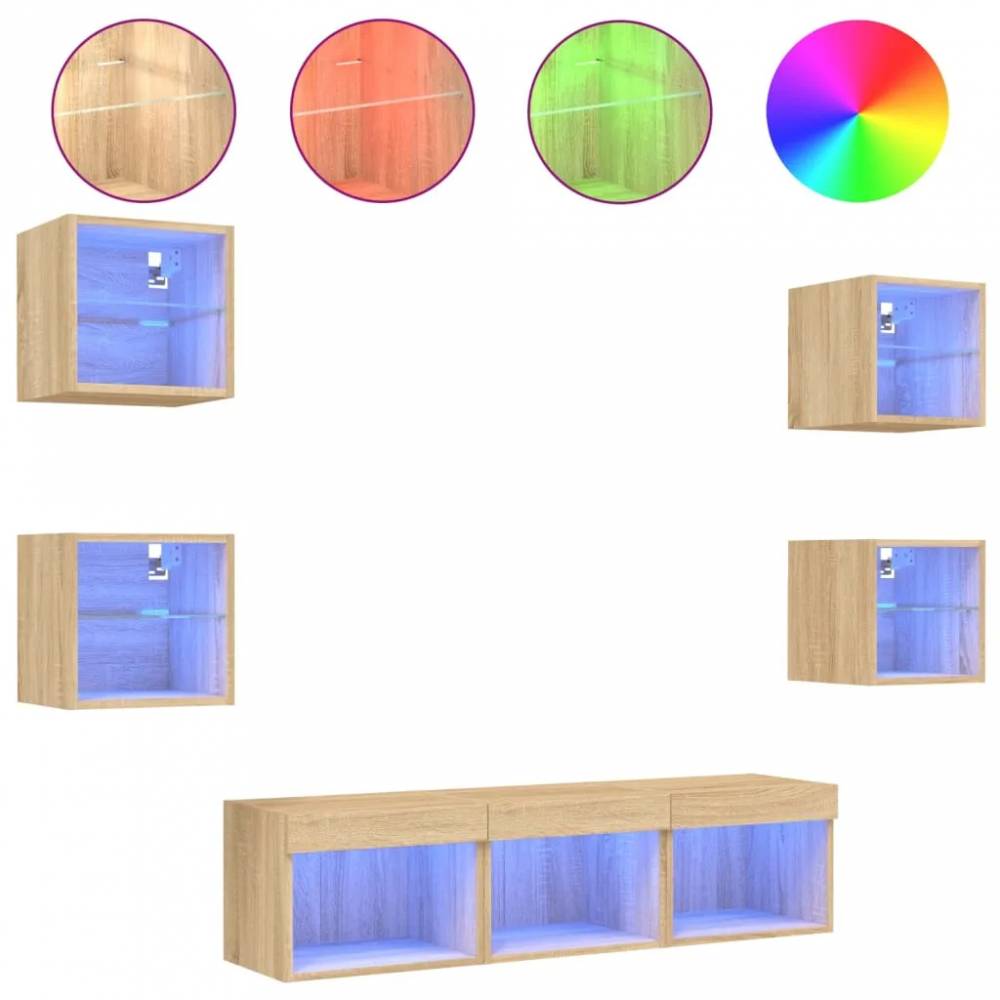 Sieninė TV sekcija su LED, 7 dalių, apdirbta mediena