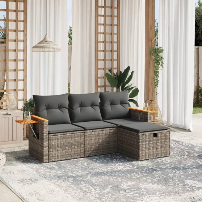 4-piece Outdoor Sofa Set with Cushions, Polyrattan