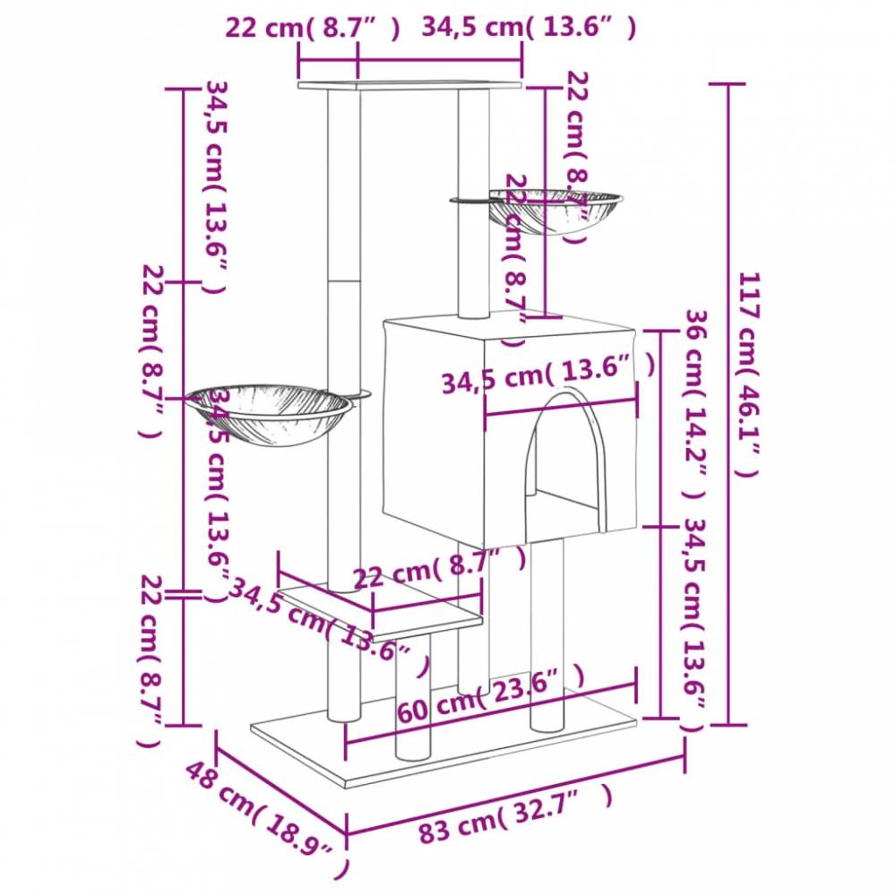 Draskyklė katėms su stovais iš sizalio, 117cm