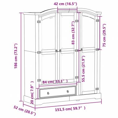 Drabužių spinta Corona, 151,5x52x186cm, pušies medienos masyvas