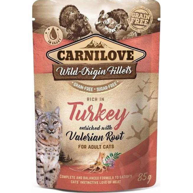 Šlapias kačių maistas Carnilove Cat Pouch Turkey Valeriana, vištiena/kalakutiena, 0.085 kg