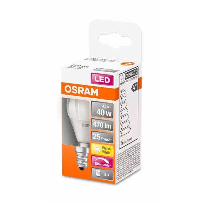 Lemputė Osram LED, P45, šiltai balta, E14, 4.5 W, 470 lm