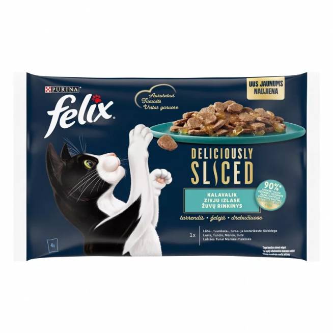 Šlapias kačių maistas Felix Purina, lašiša / tunas / menkė, 0,08 kg, 4 vnt.