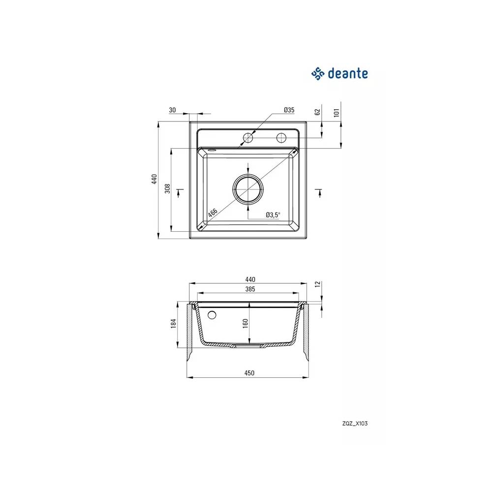 Plautuvė Deante Zorba ZQZ_N103, granitas, 44 cm x 44 cm x 16 cm