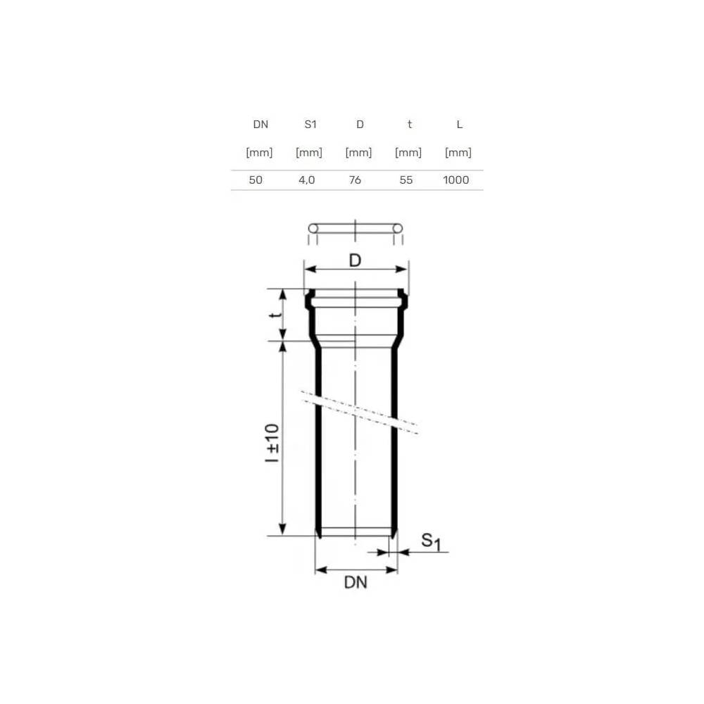 Vamzdis betriukšmei vidaus kanalizacijai Magnaplast, Skolan, PP, 58 mm, 1 m