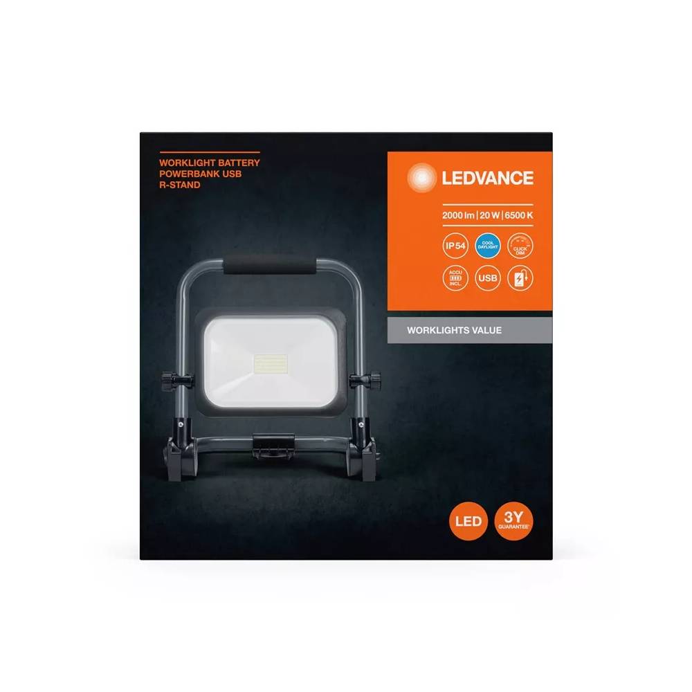 Prožektorius Ledvance Worklight Value Battery, 20 W, 2000 lm, 6500 °K, IP54, juodas