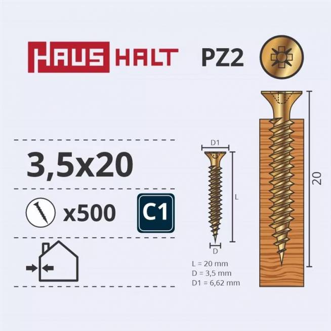 Medsraigtis Haushalt PZ2, 3.5 x 20 mm, geltona, 500 vnt.