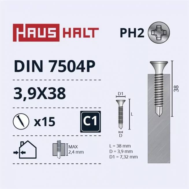 Savisriegis Haushalt DIN 7504P, 3.9 mm x 38 mm, 15 vnt.