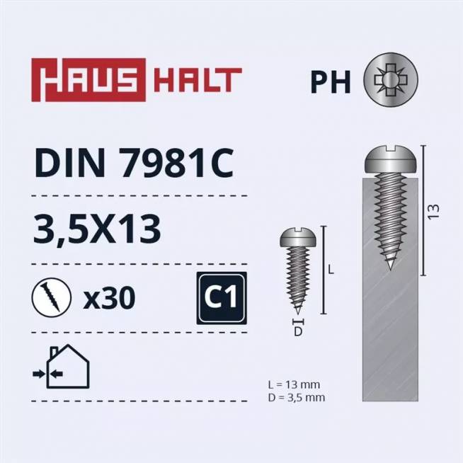 Savisriegis Haushalt DIN7981C, 3.5 mm x 13 mm, 30 vnt.