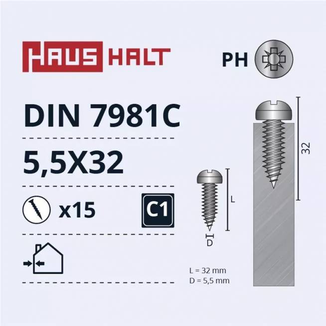 Savisriegiai Haushalt, DIN 7981C, 5.5 x 32 mm, 15 vnt.