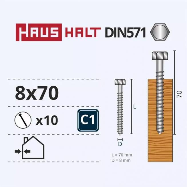 Medvaržčiai Haushalt, DIN571, 8,0 x 70 mm, ZN, 10 vnt.