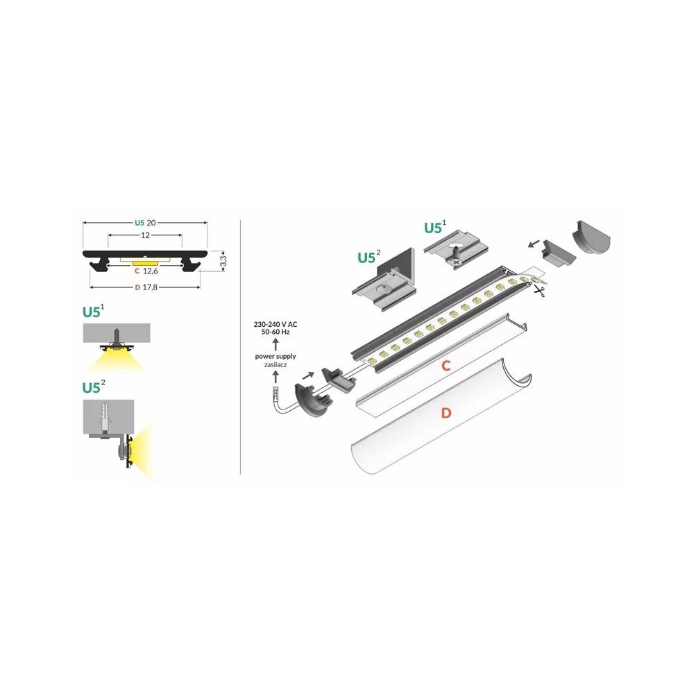 PAVIRŠINIS LED JUOSTOS ALIUMINIO PROFILIS ARC12 ANODUOTAS 2M