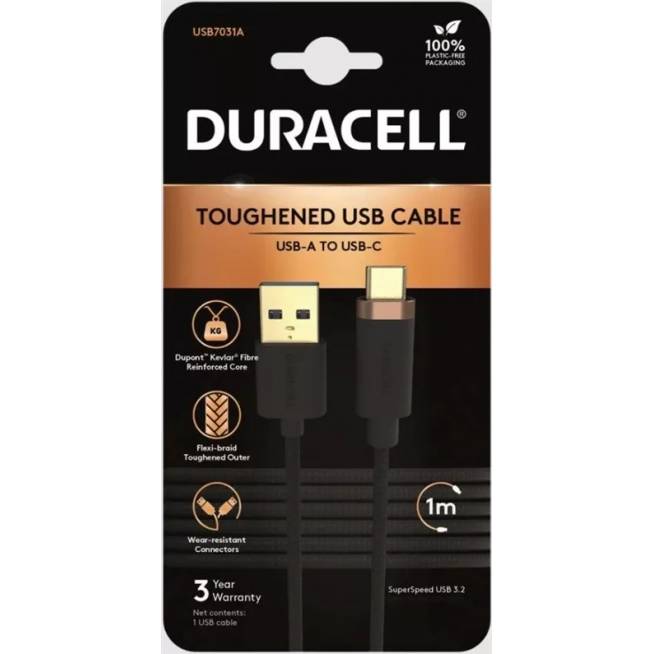 Laidas Duracell USB7031A, USB Type A/USB-C, 1 m, pilka