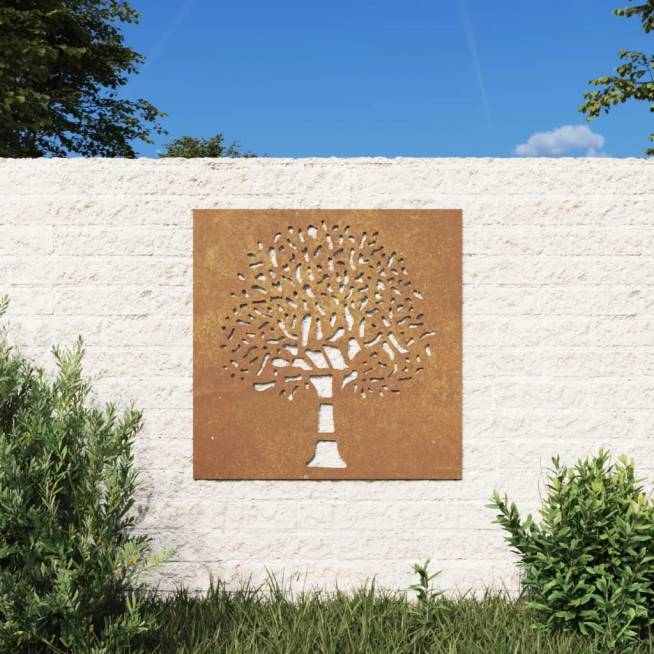 Sodo sienos dekoracija, 55x55cm, corten plienas, medžio dizaino