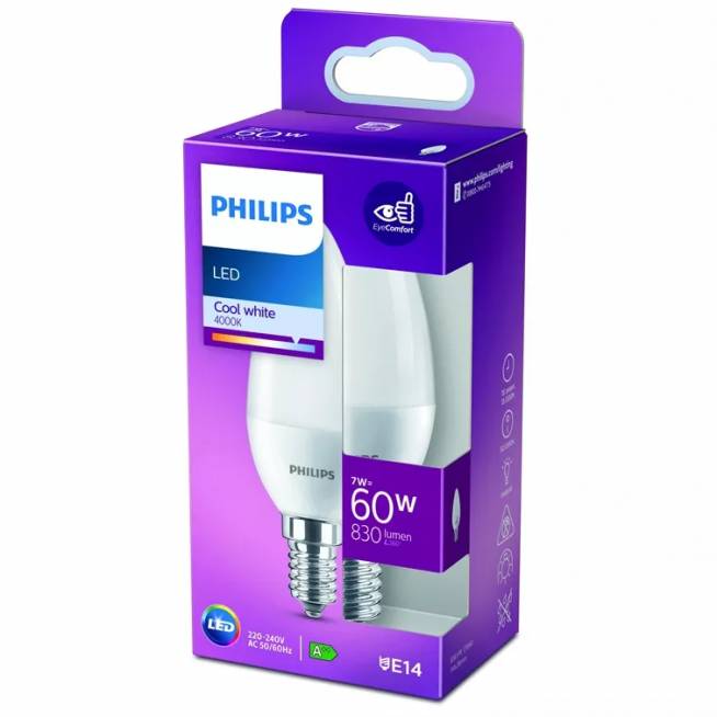 Lemputė Philips LED, B38, šaltai balta, E14, 7 W, 830 lm