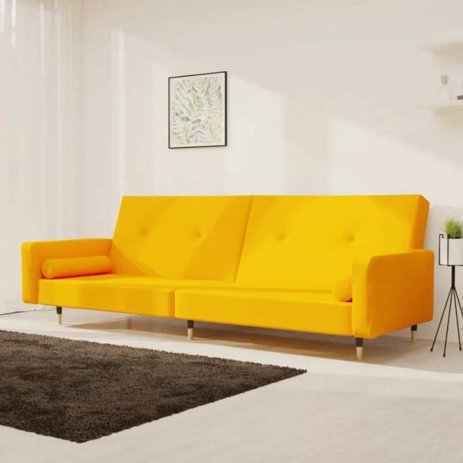 Dvivietė aksominė sofa-lova su dvejomis pagalvėmis