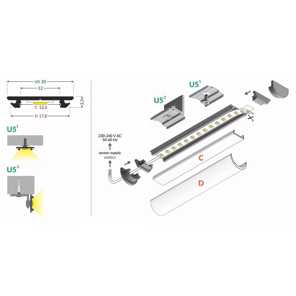 PAVIRŠINIS LED JUOSTOS ALIUMINIO PROFILIS ARC12 2M JUODA