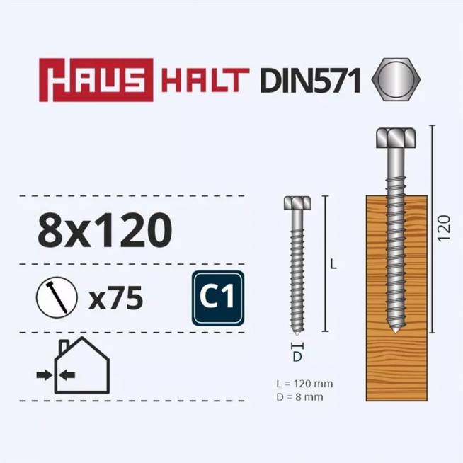 Medvaržčiai Haushalt, DIN571, 8,0 x 120 mm, ZN, 75 vnt.