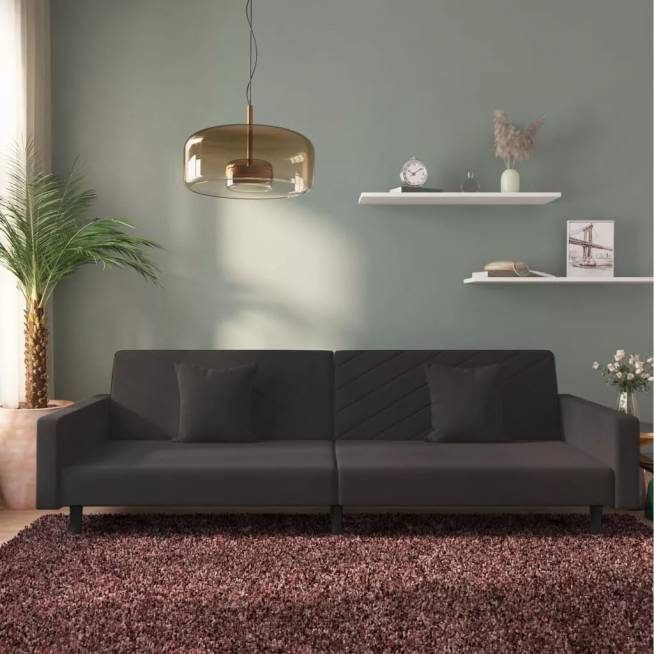 Dvivietė sofa-lova su dvejomis pagalvėmis, aksomas