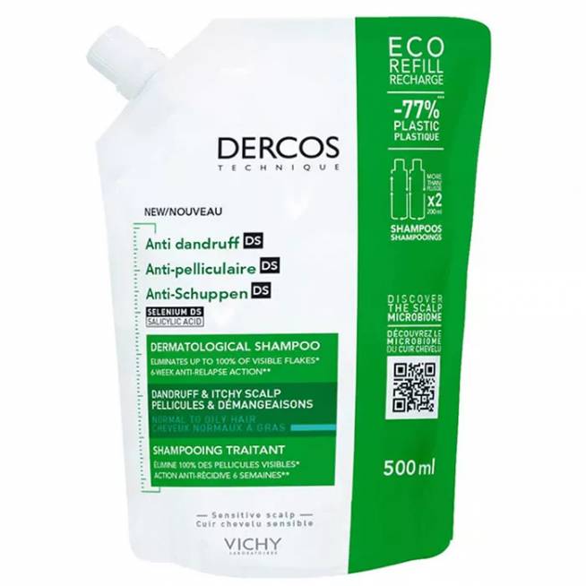 "Dercos" šampūnas nuo pleiskanų Normalūs ir riebūs plaukai Ecorefill 500ml