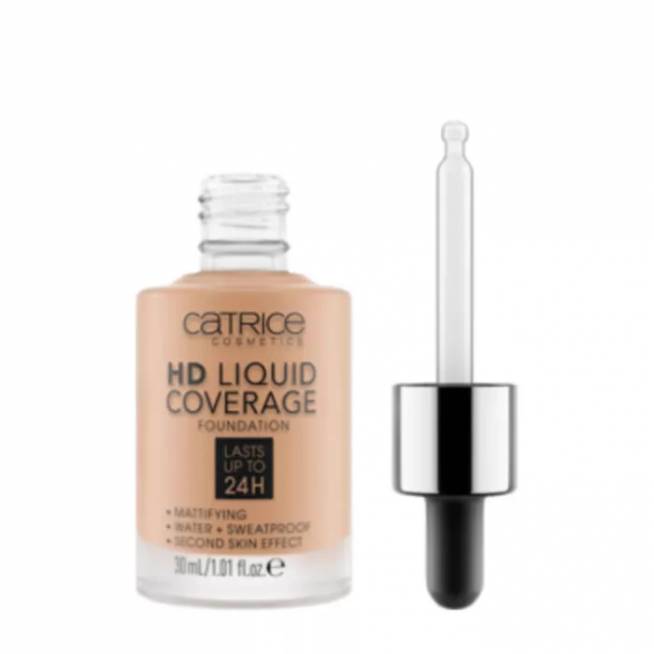 "Catrice Hd Liquid Coverage Foundation" dengiamasis makiažo pagrindas, išliekantis iki 24 val. 040 Warm Beige 30ml