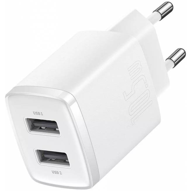 Telefono įkroviklis Baseus Compact Charger 2U, 2 x USB, 10 cm, balta, 10.5 W