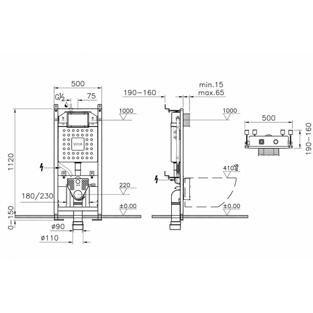 "Vitra Integra" tualeto komplektas, montavimo rėmas V12, 1120/1270 x 500 mm, bakelio talpa 3/6 l, klozeto indas "Integra compact