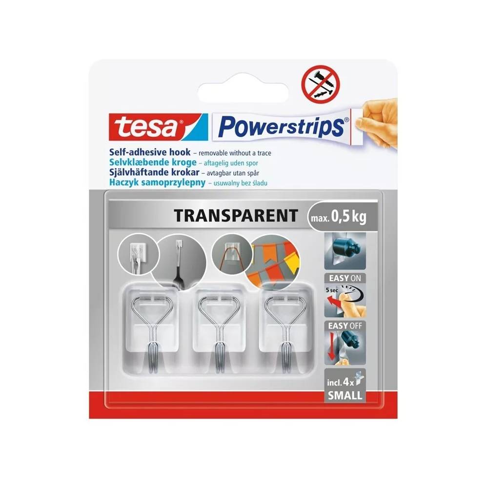 Drabužių kabliukas Tesa Powerstrips, 3 vnt., skaidri