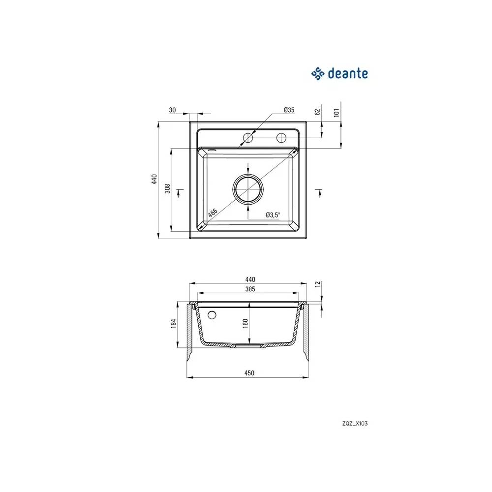 Plautuvė Deante Zorba ZQZ_N103, granitas, 44 cm x 44 cm x 16 cm