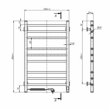 Nerūdijančio plieno elektrinis rankšluosčių džiovintuvas CLASSIC QUADRO Sensor 500x800 kairėje