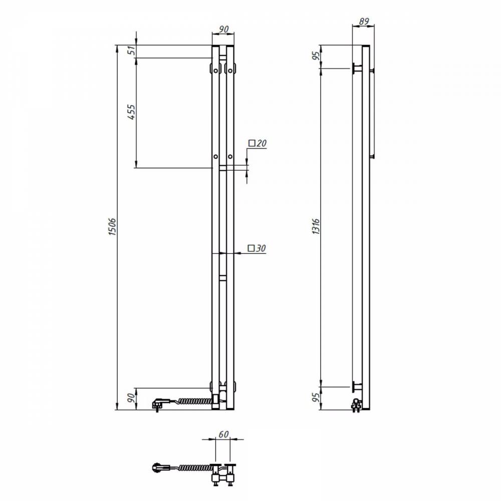 Elektrinis rankšluosčių džiovintuvas WHITE NAVIN SILOUETTE QUADRO 90х1500 Sensor right