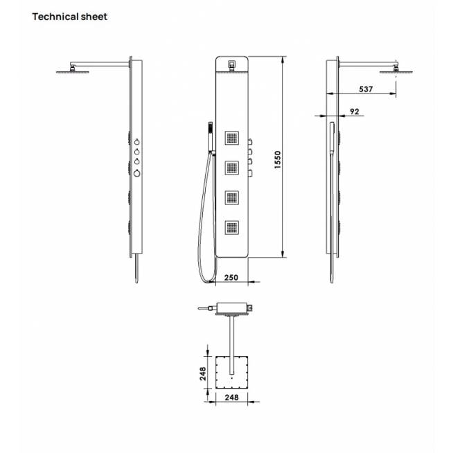 SPIRIT SQUARE sieninis termostatinis dušo skydelis, 250x1500 mm, juodas matinis