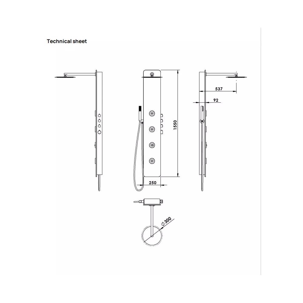 SPIRIT ROUND sieninis termostatinis dušo skydelis, 250x1500 mm