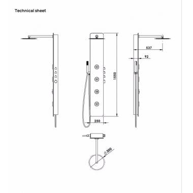 SPIRIT ROUND sieninis termostatinis dušo skydelis, 250x1500 mm