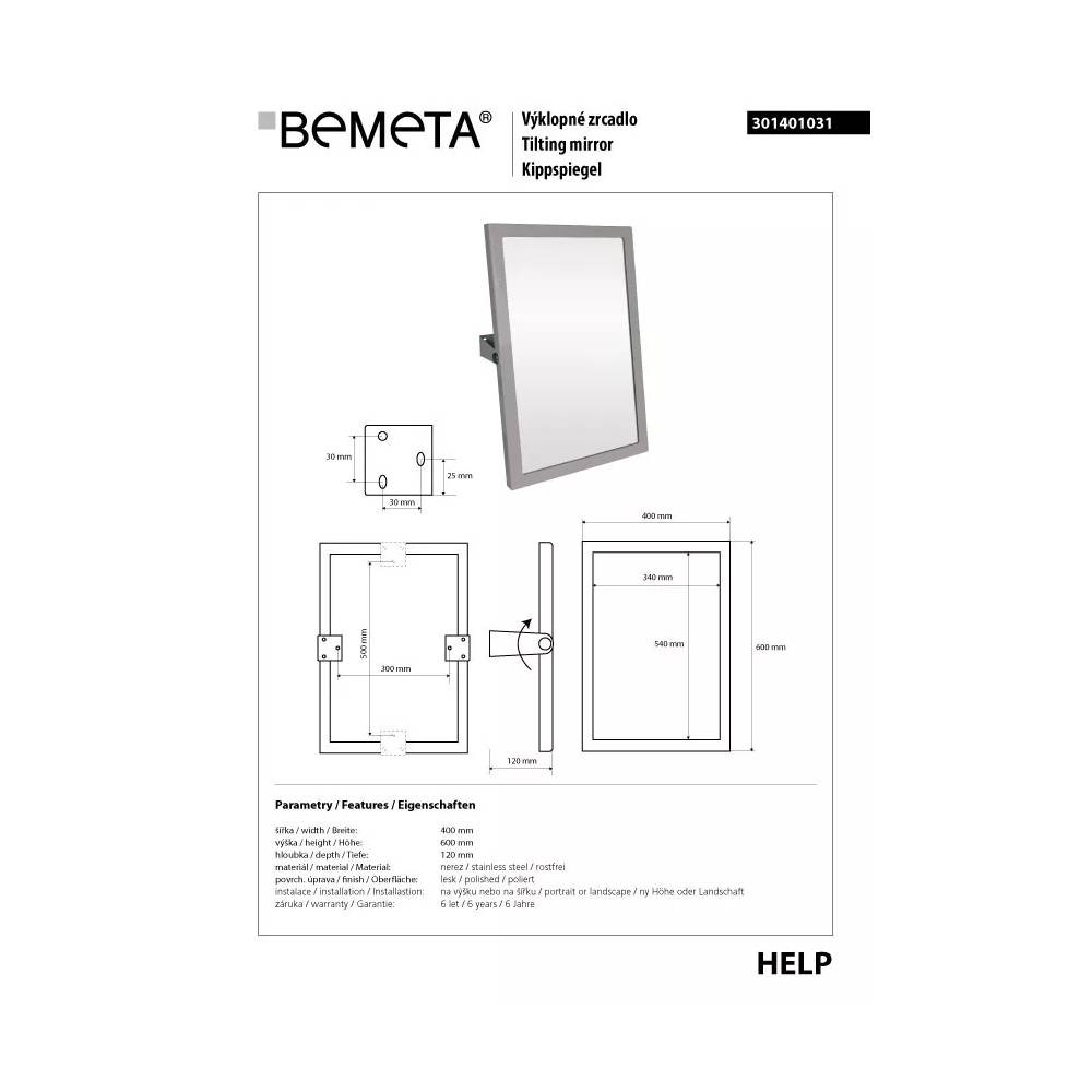 PAGALBA: 400 x 600 mm, nerūdijantis plienas, poliruotas, pakreipiamas veidrodis