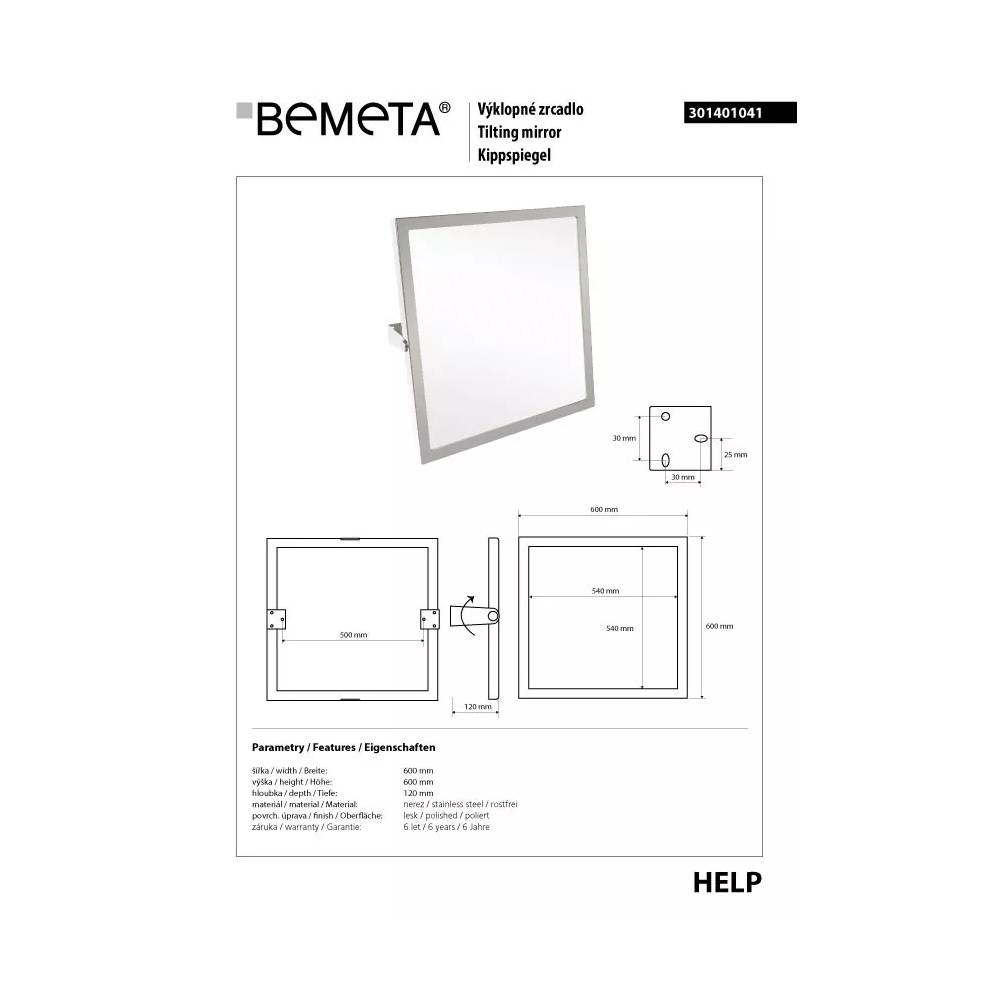 PAGALBA: 600 x 600 mm, nerūdijantis plienas, poliruotas, pakreipiamas veidrodis