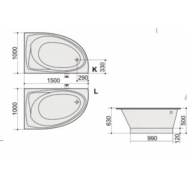 Kampinė vonia "Olivia", 1500 x 1000 mm