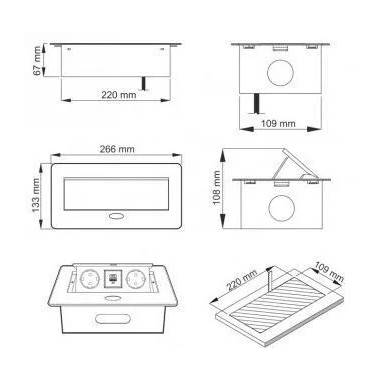 Įmontuojamas ilgintuvas Design Light, 3 x 1,5 mm², 3 m, 2 lizdų, 2USB