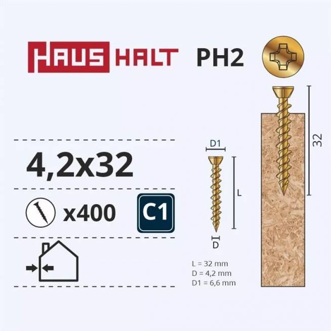 Medsraigčiai Haushalt, 4,2 x 32 mm, ZN, PH, 400 vnt.