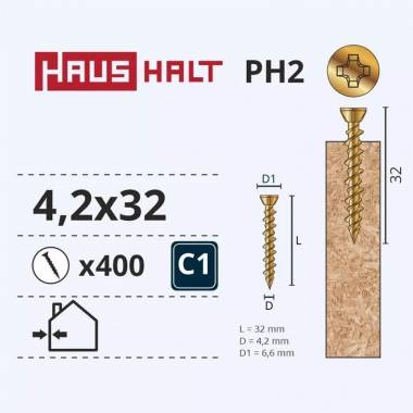 Medsraigčiai Haushalt, 4,2 x 32 mm, ZN, PH, 400 vnt.