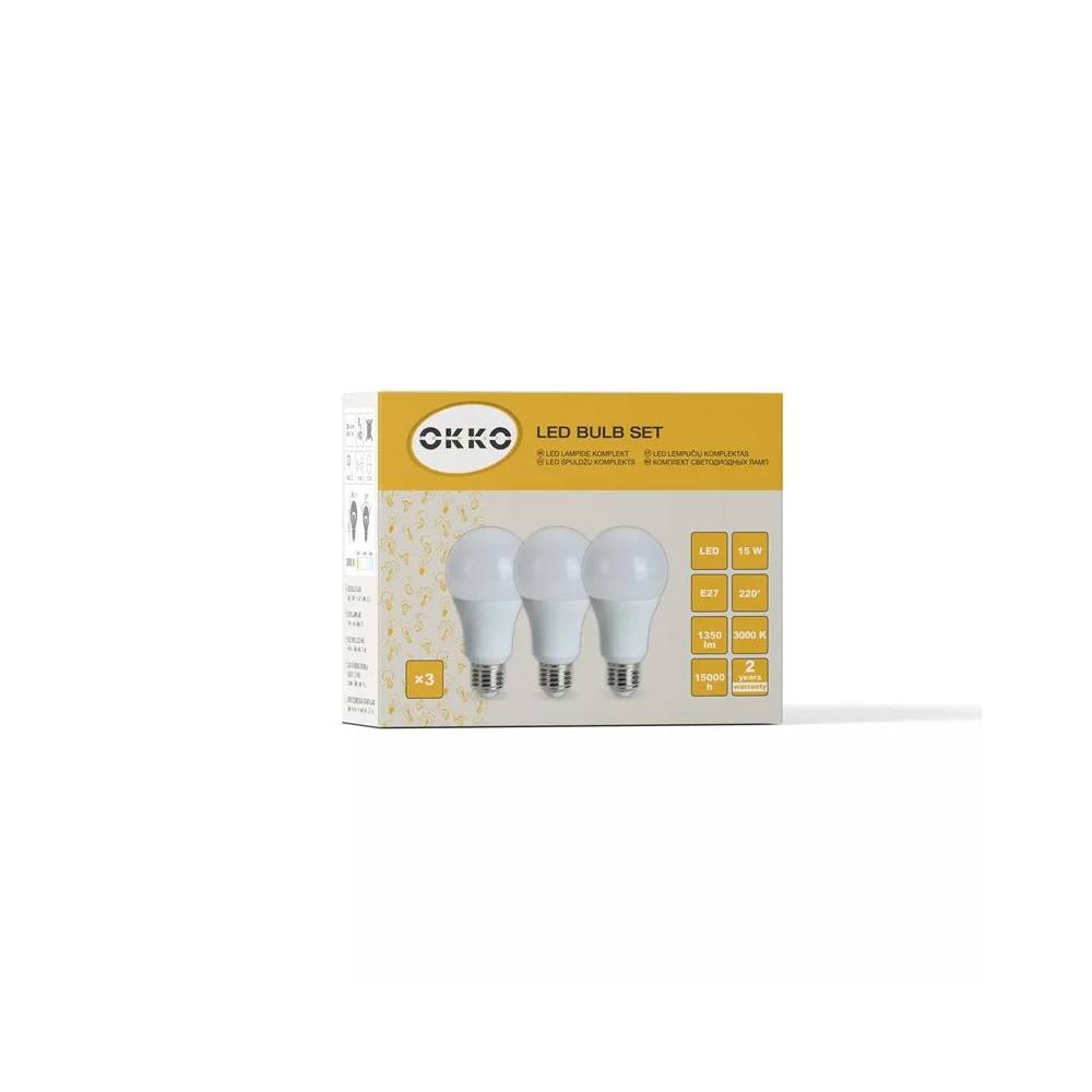 Led lemputė OKKO A60, 15W, E27, 3000K, 1350lm 3 vnt.