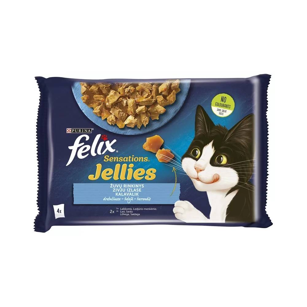 Šlapias kačių maistas Felix Sensations Jellies, žuvis/lašiša, 0.34 kg