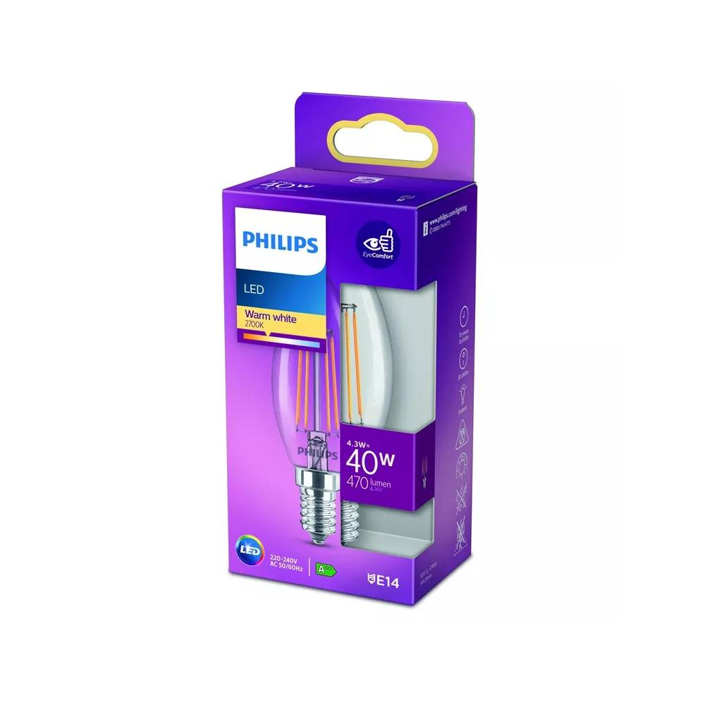 Lemputė Philips LED, B35, šiltai balta, E14, 4.3 W, 470 lm