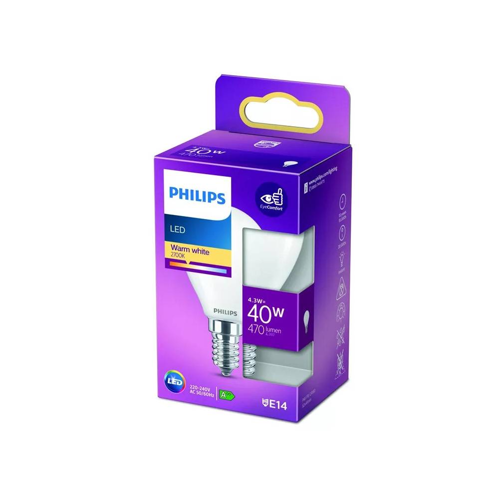 Lemputė Philips LED, P45, šiltai balta, E14, 4.3 W, 470 lm