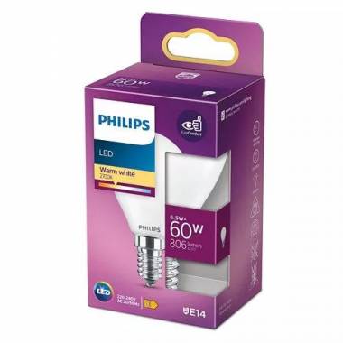 Lemputė Philips LED, P45, šiltai balta, E14, 60 W, 806 lm