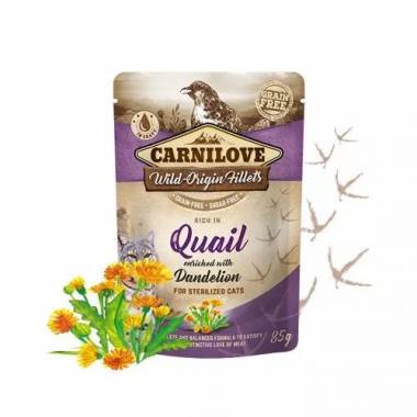 Šlapias kačių maistas Carnilove Cat Pouch Quail Dandelion For Sterilized, putpelių mėsa, 0.085 kg