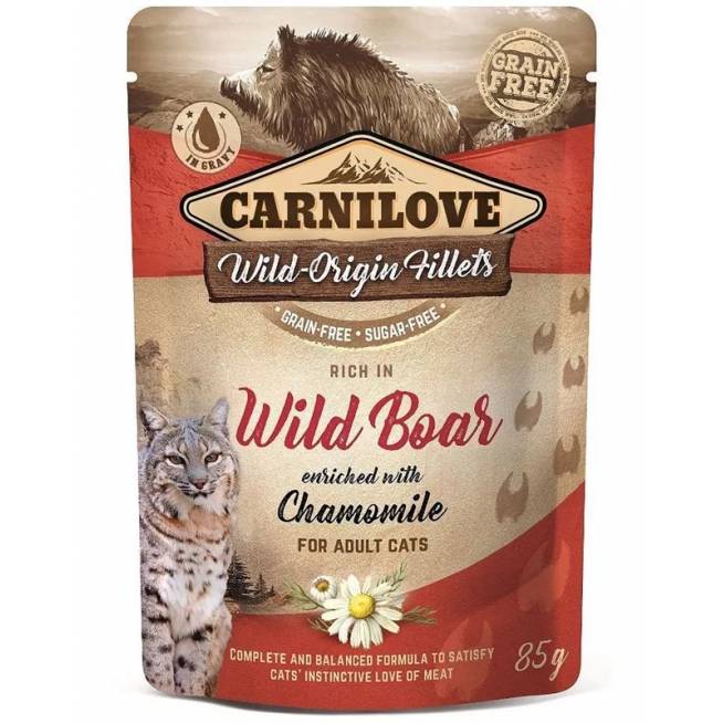 Šlapias kačių maistas Carnilove Cat Pouch Wild Boar Chamomile, vištiena/šernienos mėsa, 0.085 kg