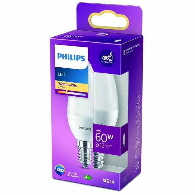 Lemputė Philips LED, B38, šiltai balta, E14, 7 W, 806 lm