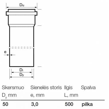 Vamzdis vidaus kanalizacijai Wavin, Optima, PVC, 50 mm, 0.5 m