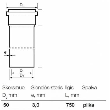 Vamzdis vidaus kanalizacijai Wavin, Optima, PVC, 50 mm, 0.75 m